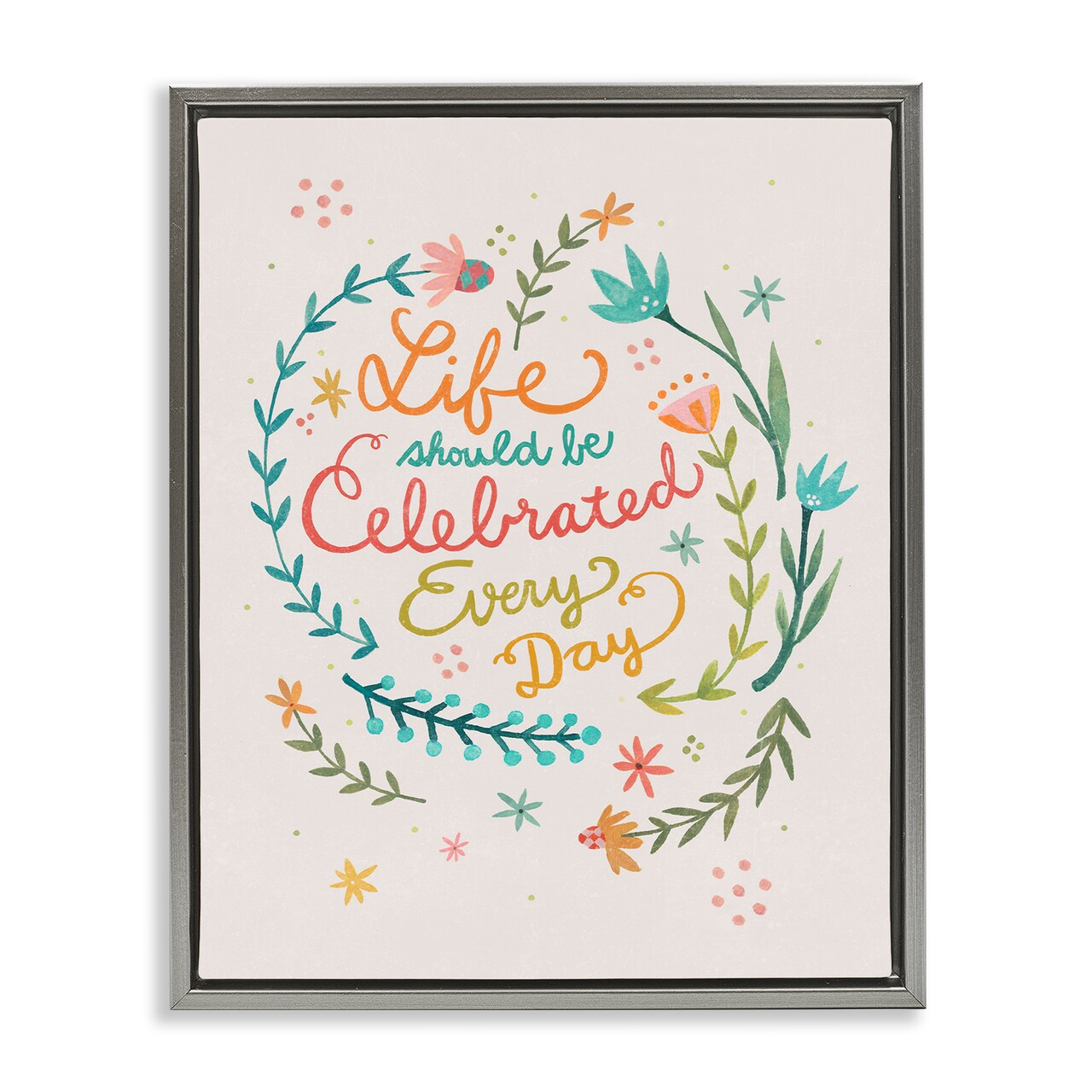 Stupell Industries Life Celebrated with Floral Sprigs Framed Floater Canvas Wall Art Design by Irene Chan